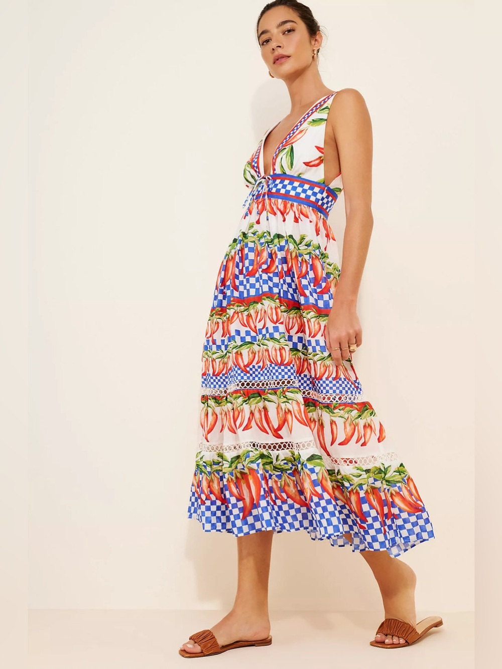 FARM Rio Picnic Peppers Ainika Off-White Midi Dress Cotton V-Neck Size L